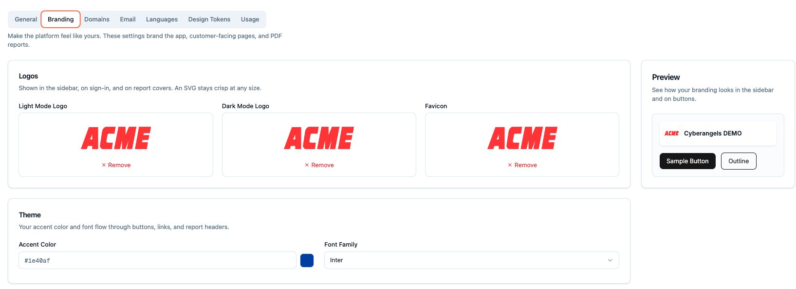 Impostazioni del tenant: il logo del partner, il colore d'accento e le opzioni white-label